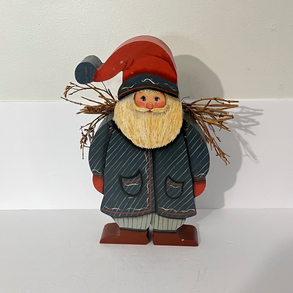 Unbranded Vintage Wooden Santa Claus Figurine Red Blue Folk Art Christmas Decor